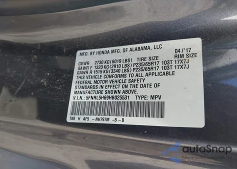 2017 Honda Odyssey Ex-L из США, поврежденный, VIN 5FNRL5H69HB025531